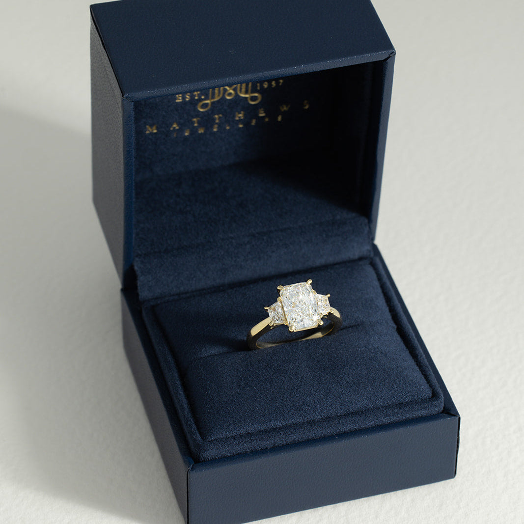Thea | 3.35ct Radiant Lab Grown Diamond Three Stone Engagement Ring