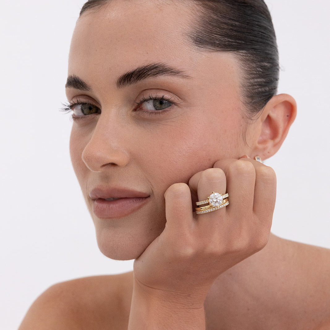 Clara | Lab Diamond Wedding Ring – Clara and Dawn – styled ring pair view, Matthews Jewellers Newcastle