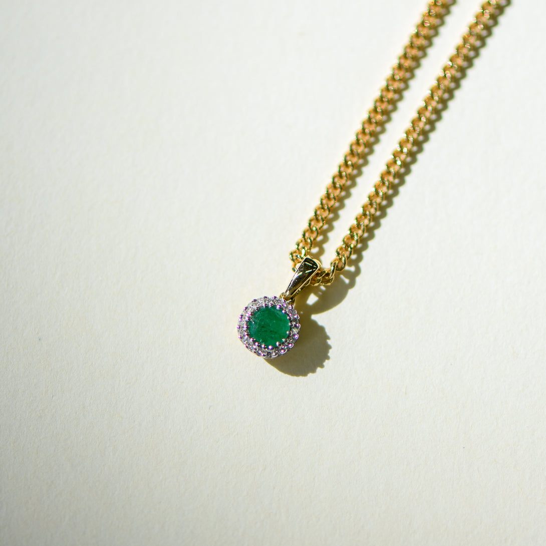 9K Gold Round Natural Emerald and Diamond Pendant