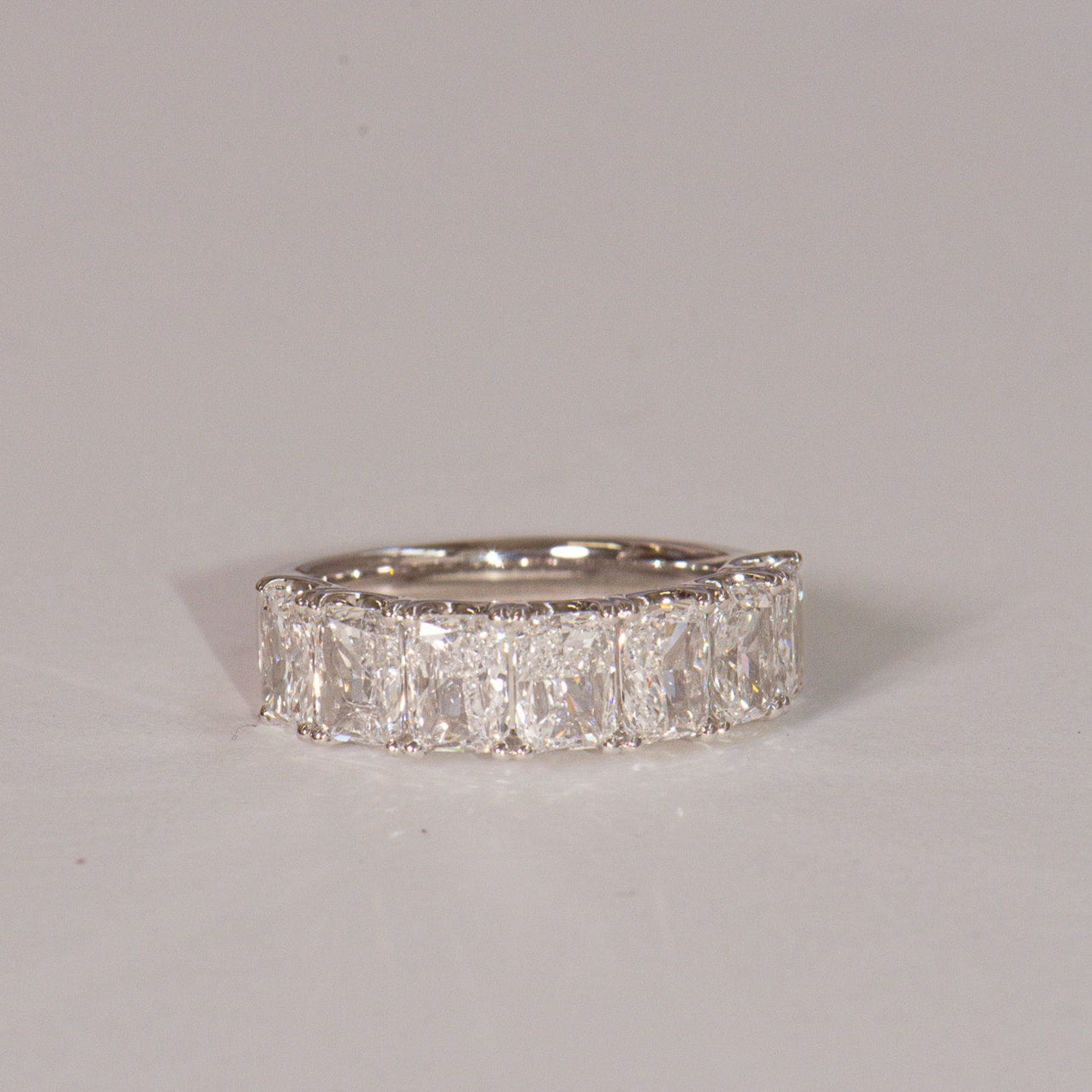 Large Roma radiant diamond wedding ring crafted in platinum with 7 lab-grown radiant diamonds