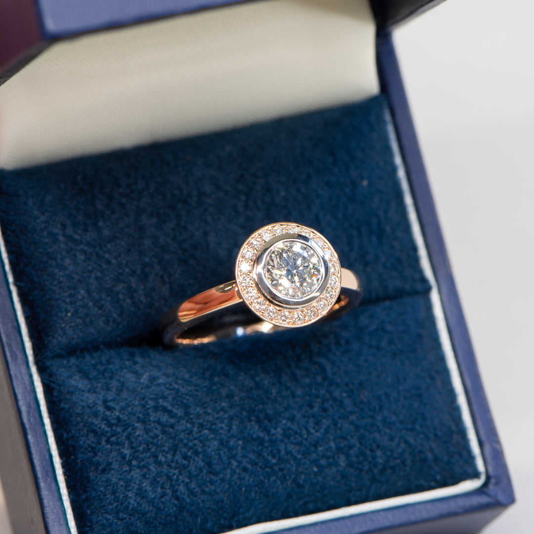 Leah Petite | Round Brilliant Bezel Set Diamond Ring with Halo