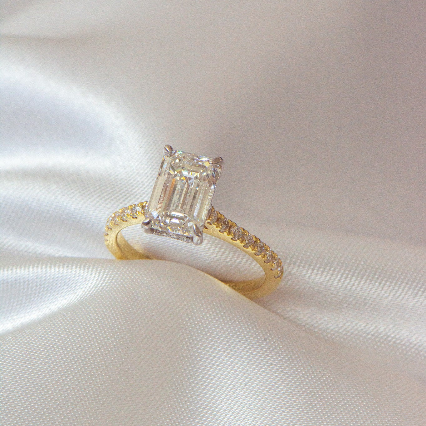 Edith | 2.6ct Emerald Cut Lab Diamond Engagement Ring – Three-quarter view, Matthews Jewellers Newcastle