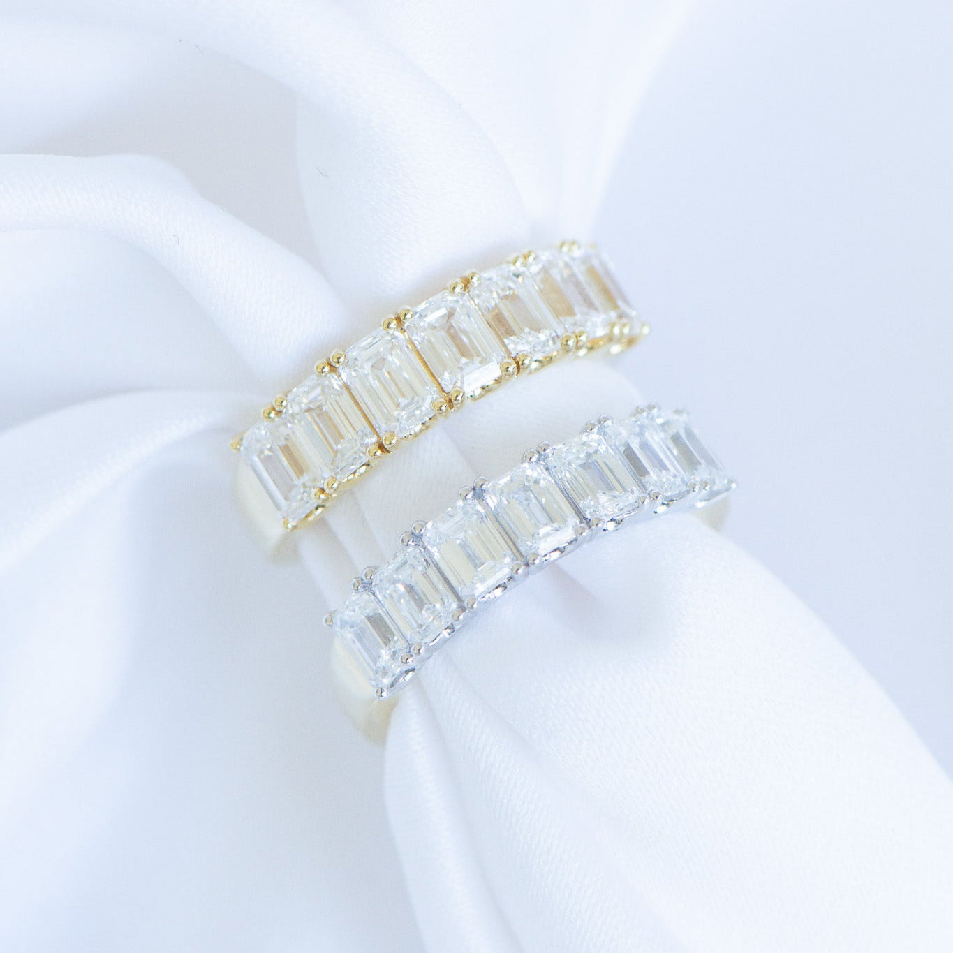 Medium Estelle emerald cut lab-grown diamond wedding band in 18K gold, Matthews Jewellers Newcastle