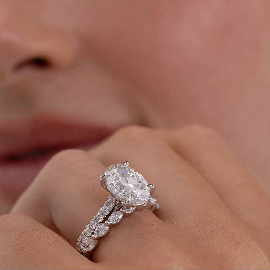 Iris | Lab Diamond Wedding Ring – Helena and Iris – styled ring pair view, Matthews Jewellers Newcastle