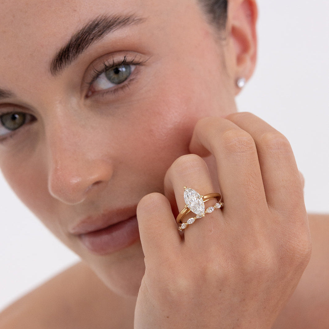 Rosa | Lab Diamond Wedding Ring – Rosa and Freya – styled ring pair view, Matthews Jewellers Newcastle