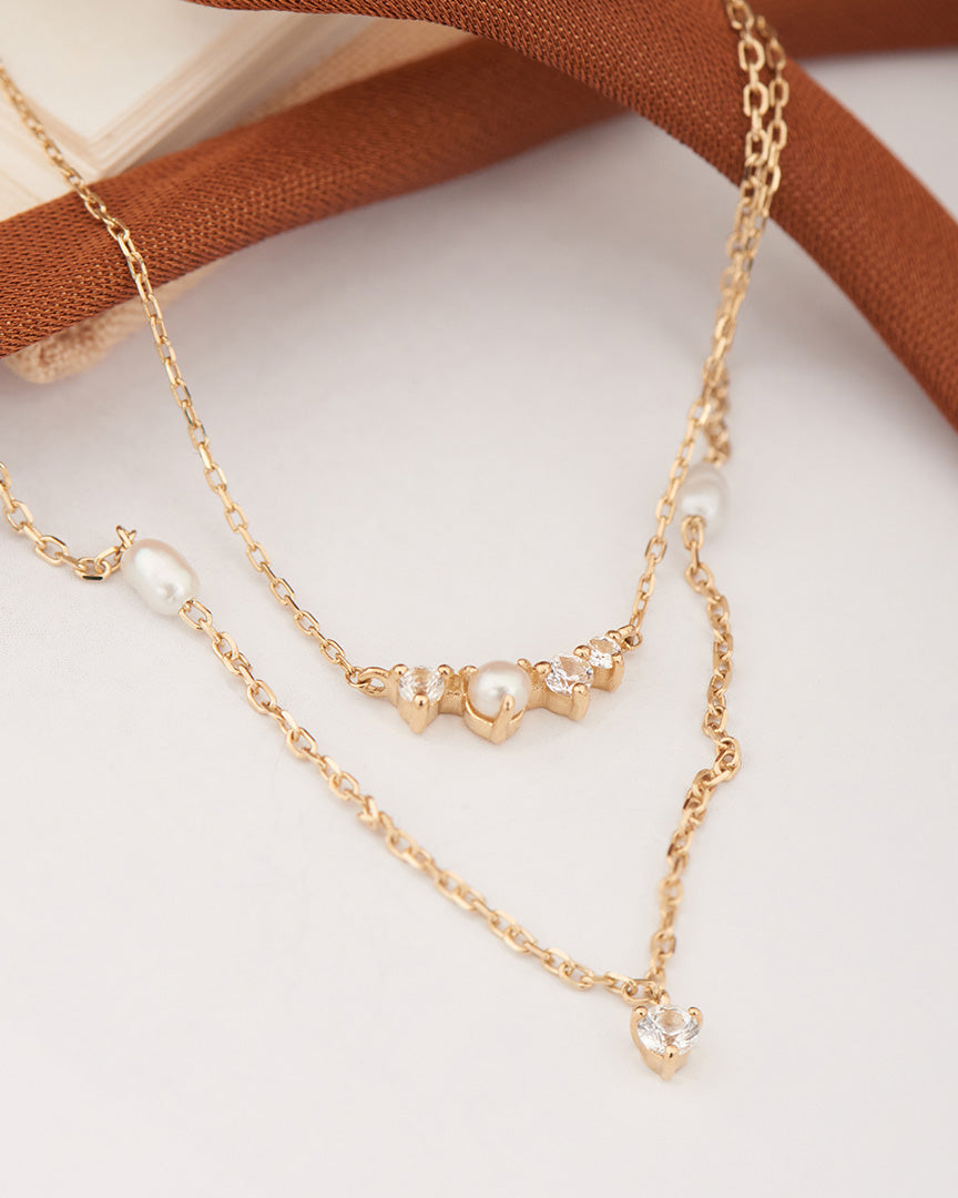 14kt Gold Pearl and White Sapphire Necklace