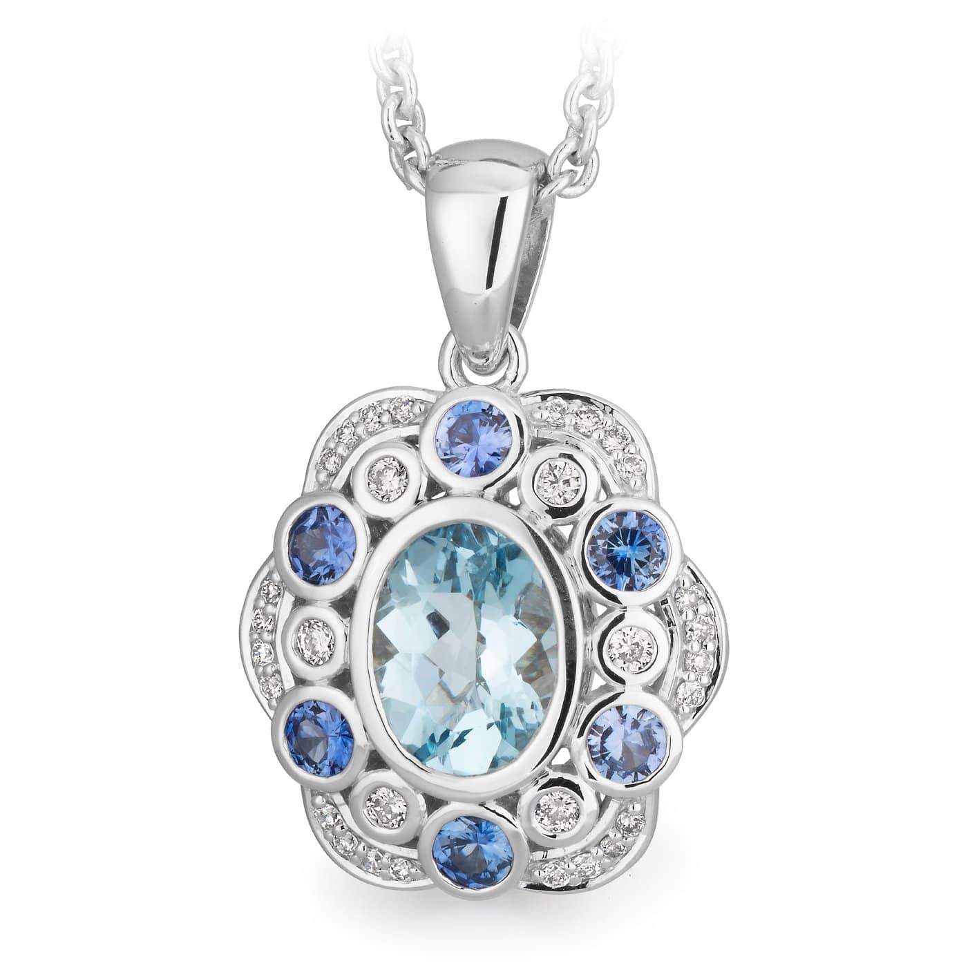 Aquamarine, Ceylon Sapphire and Diamond Pendant