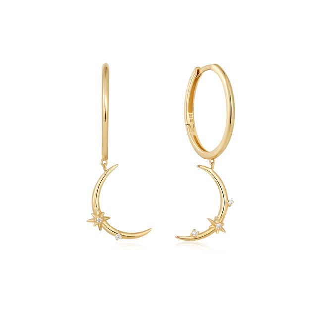 14k Yellow Gold Cosmos Moon Hoop Earrings