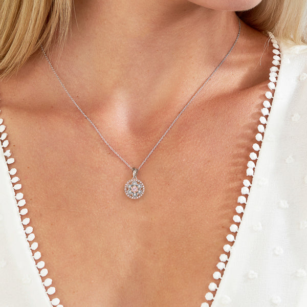 Pink Diamond Flower Necklace with Halo