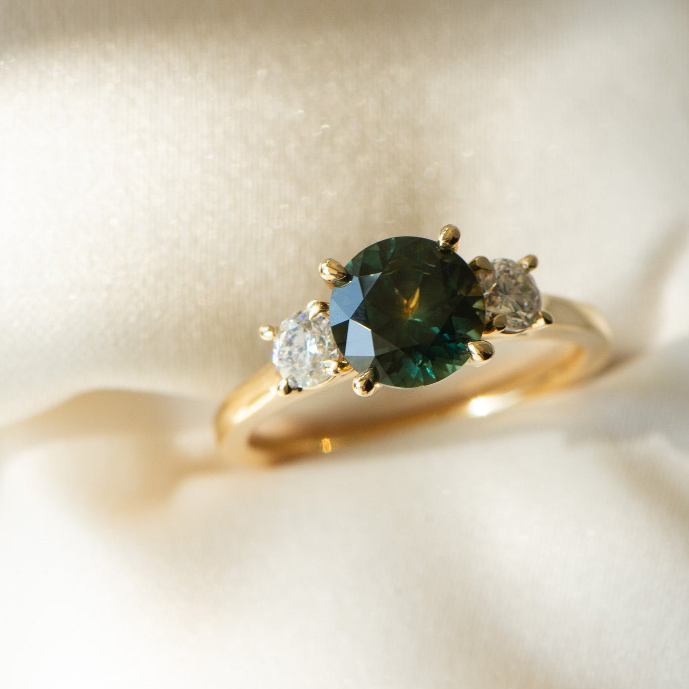 Emma | 2.20ct Natural Australian Three Stone Sapphire and Diamond Engagement Ring