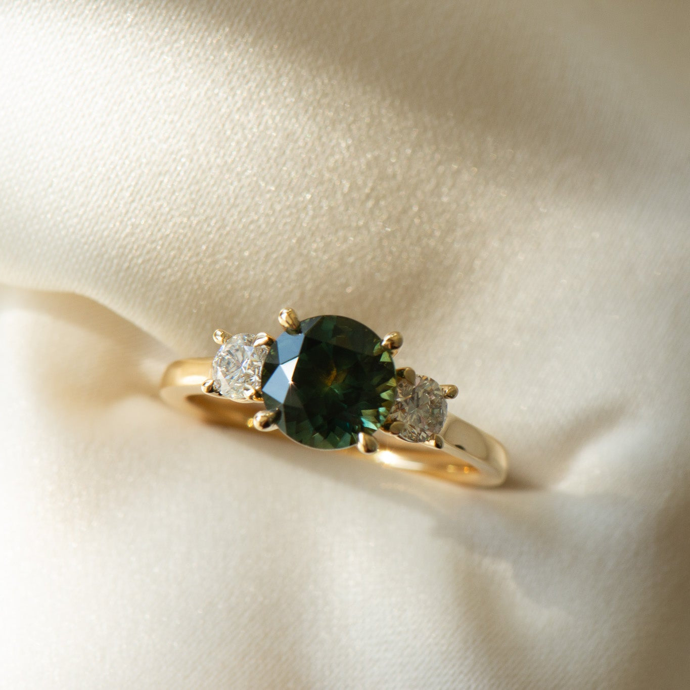 Emma | 2.20ct Natural Australian Three Stone Sapphire and Diamond Engagement Ring