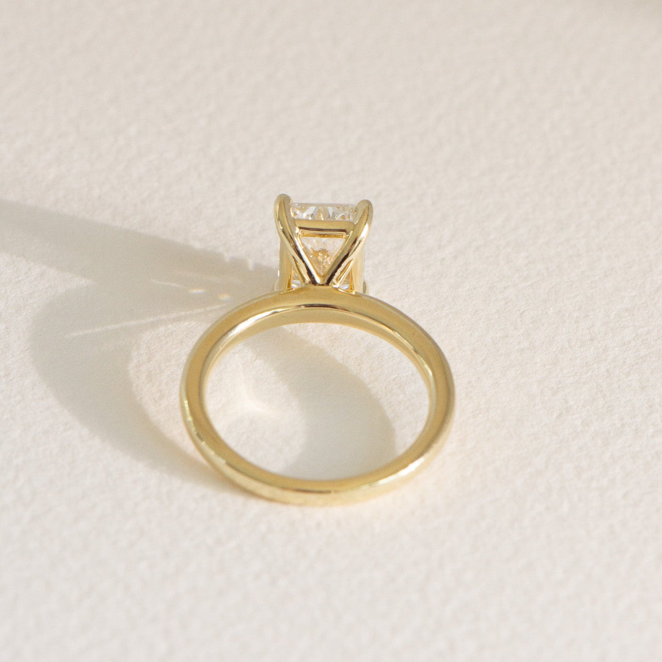 Radiant 2.70ct lab diamond engagement ring in 18k yellow gold, F colour VVS2 clarity, signature solitaire setting, size M.
