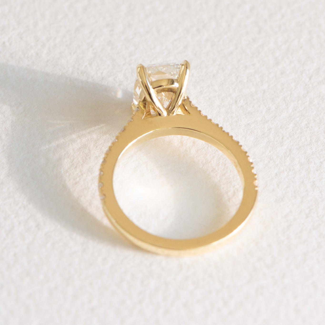 Handcrafted lab grown diamond elongated cushion ring by Matthews Jewellers, Elora 3ct, est. 1957