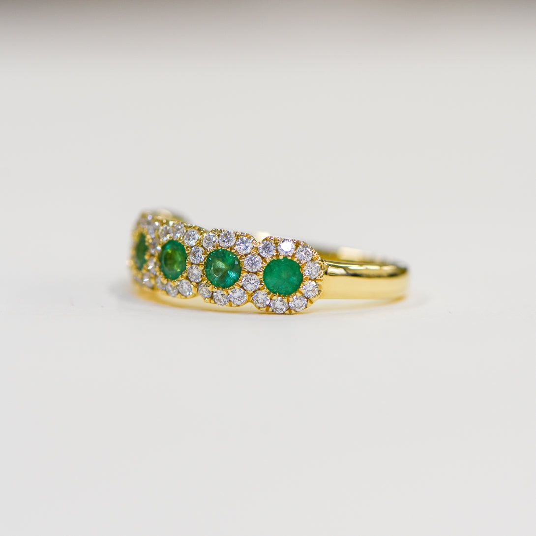 18K Gold Six Stone Emerald and Diamond Ring