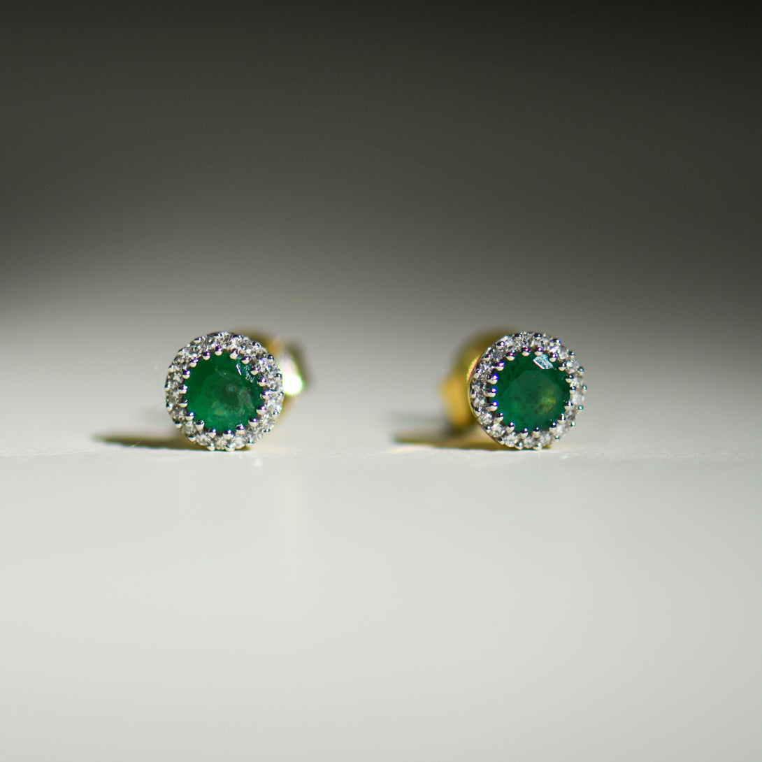 9K Gold Round Emerald and Diamond Stud Earrings