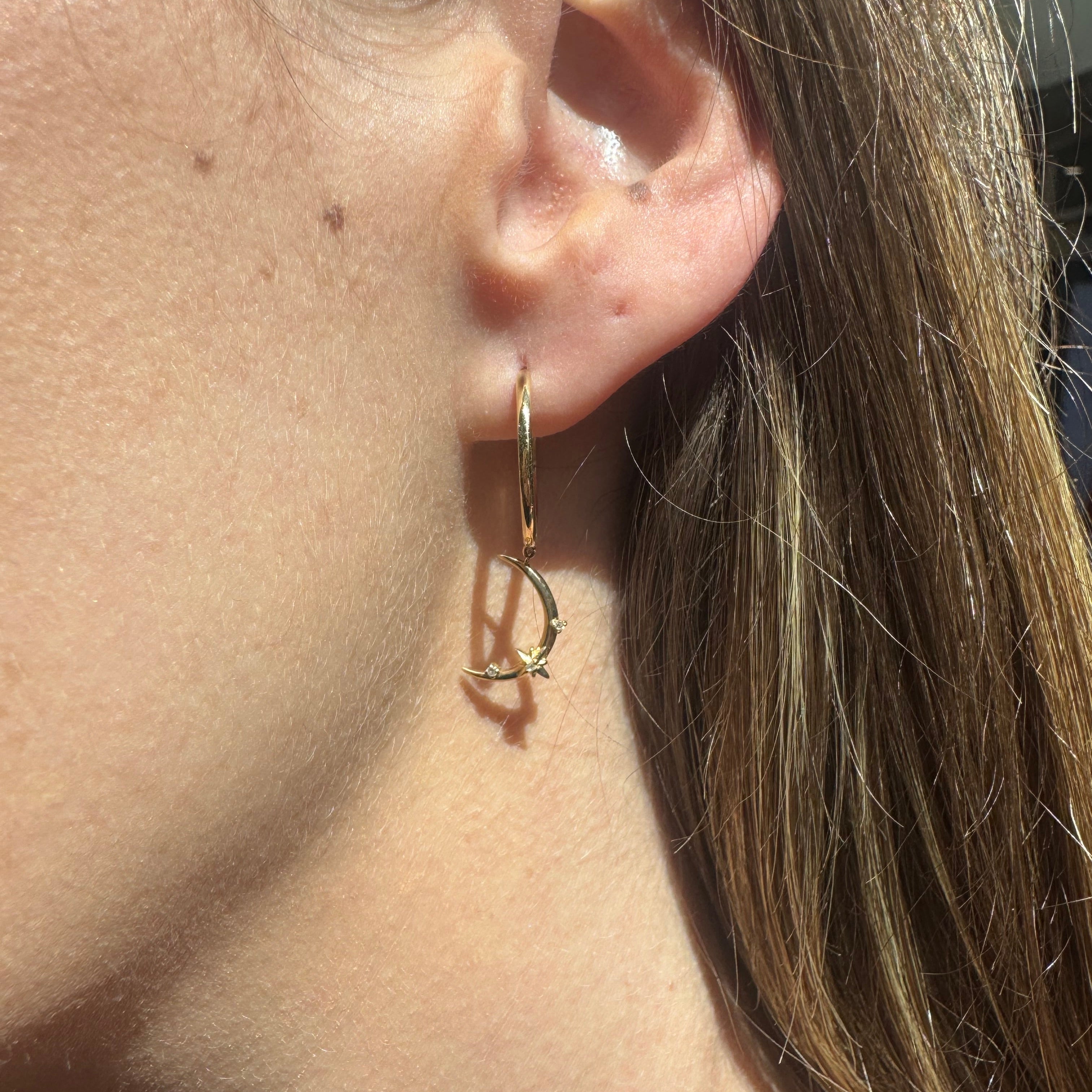 14k Yellow Gold Cosmos Moon Hoop Earrings