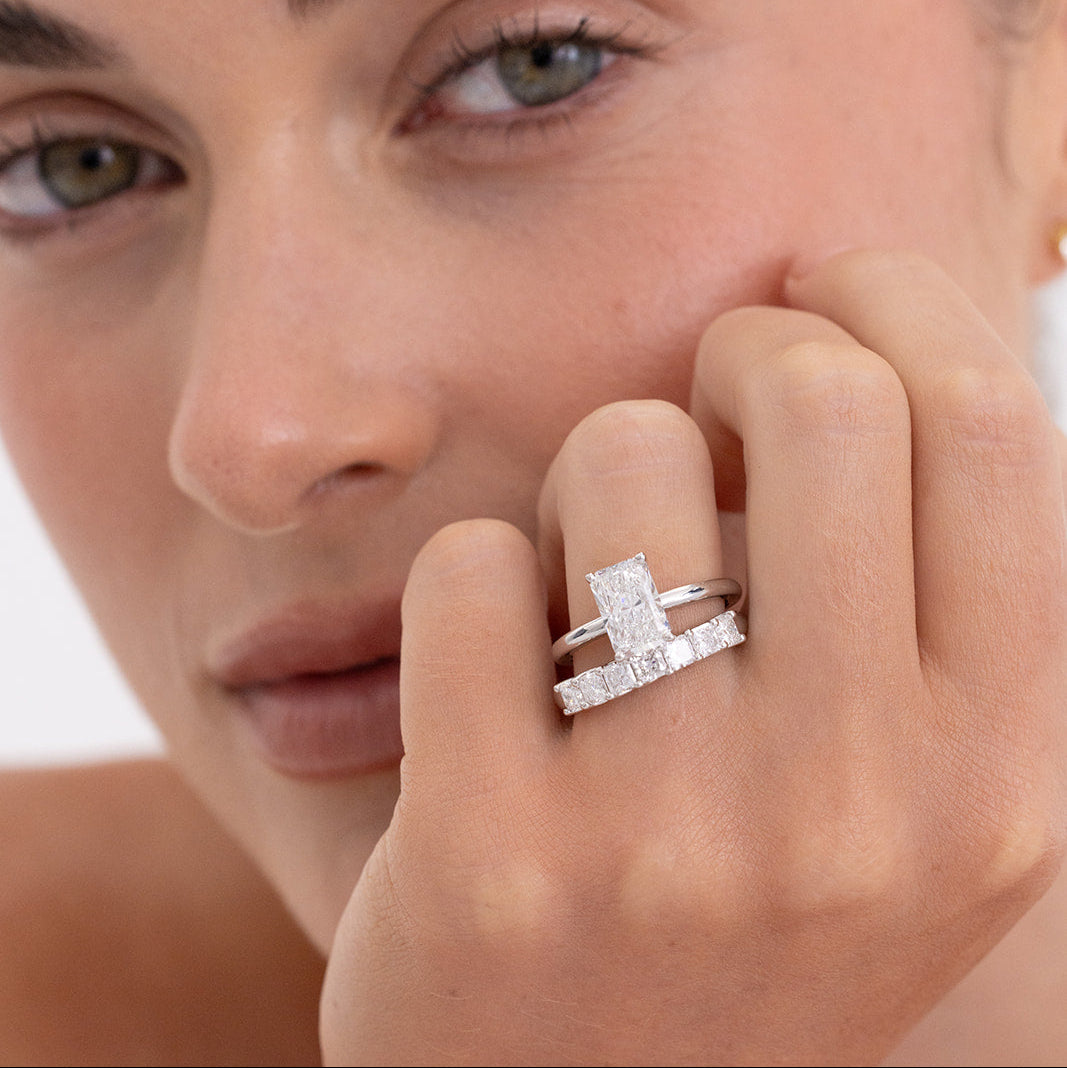 Elsa lab grown diamond radiant wedding ring in 18k gold, Matthews Jewellers Newcastle