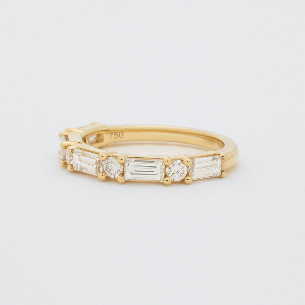 Esme baguette diamond wedding ring in 18K gold featuring elegant baguette-cut diamonds