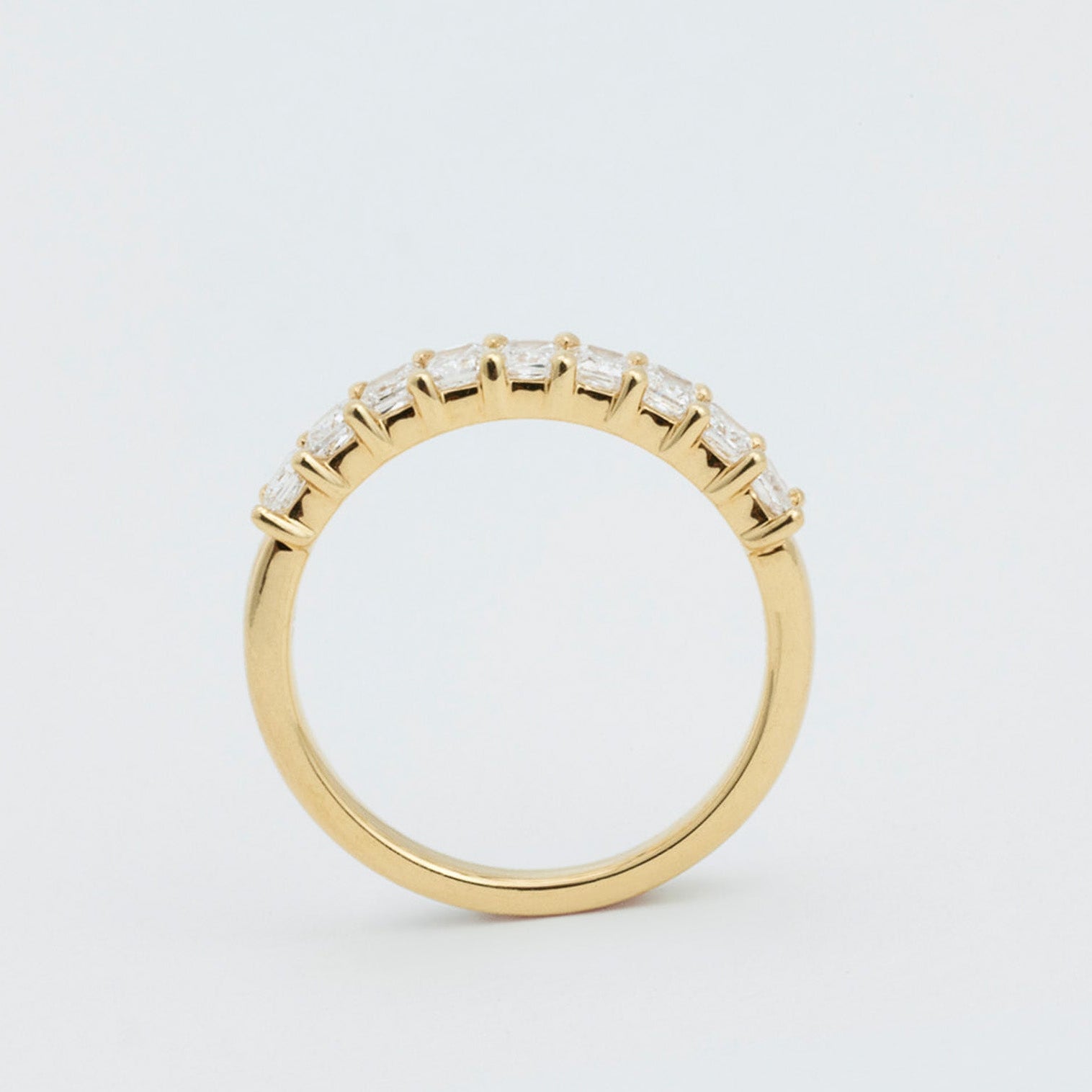 Radiant diamond wedding band in 18K gold, Roma design with small lab-grown radiant diamonds