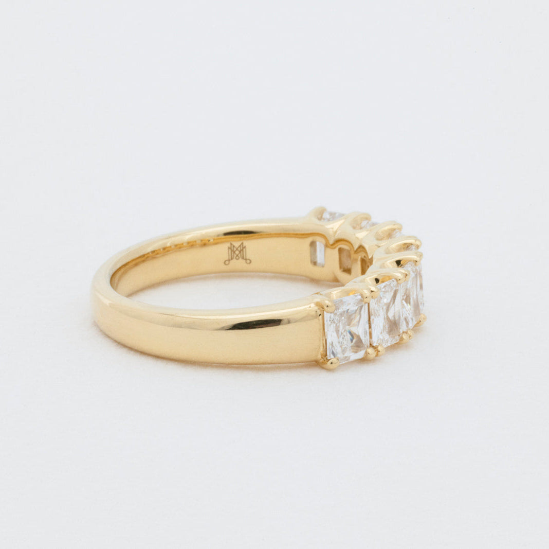 Roma 18K gold radiant diamond wedding band set with 7 to 9 small lab-grown radiant diamonds