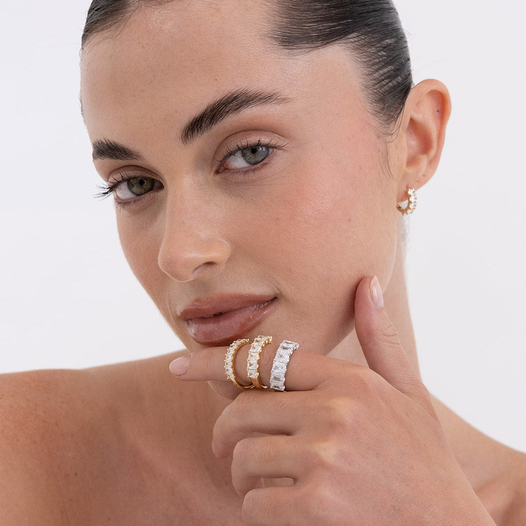 Roma radiant diamond wedding ring in 18K gold with small lab-grown radiant diamonds by Matthews Jewellers Newcastle
