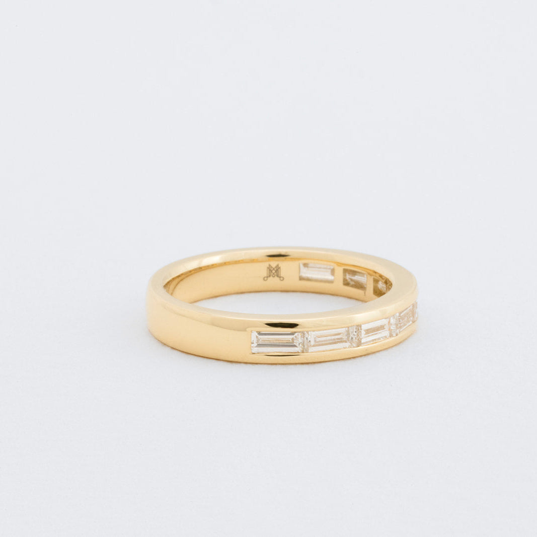 Elegant Rya baguette diamond wedding band in 18K gold with 8 lab-grown diamonds, handcrafted since 1957 by Matthews Jewellers Newcastle