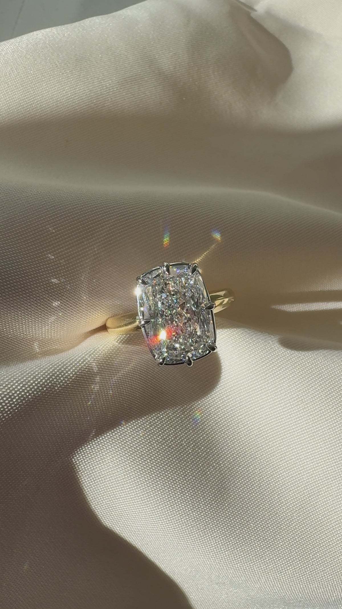 Adaline 6.18ct old mine cut Lab Grown Diamond low set engagement ring in 18k yellow gold and platinum, video