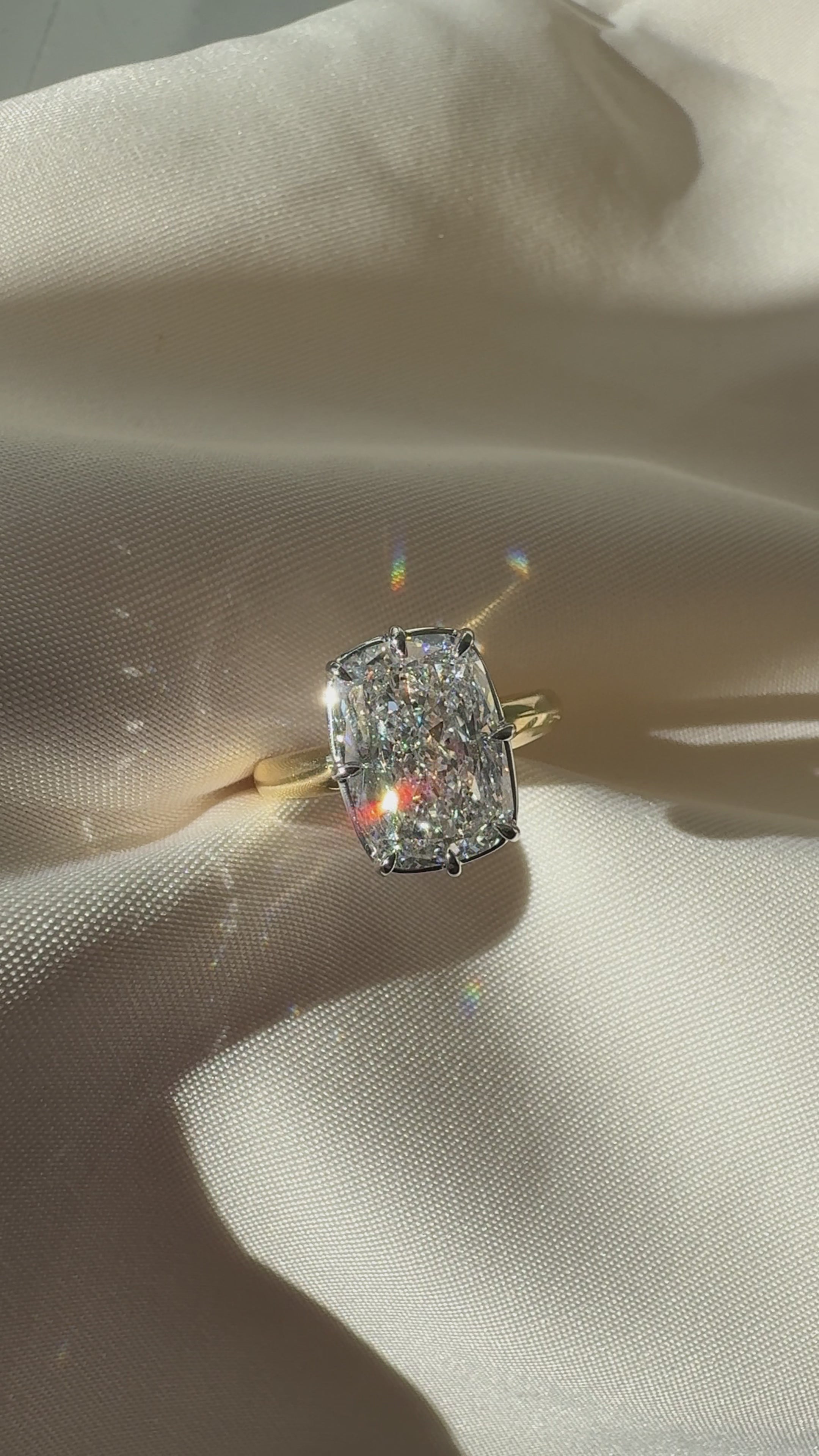 Adaline 6.18ct old mine cut Lab Grown Diamond low set engagement ring in 18k yellow gold and platinum, video