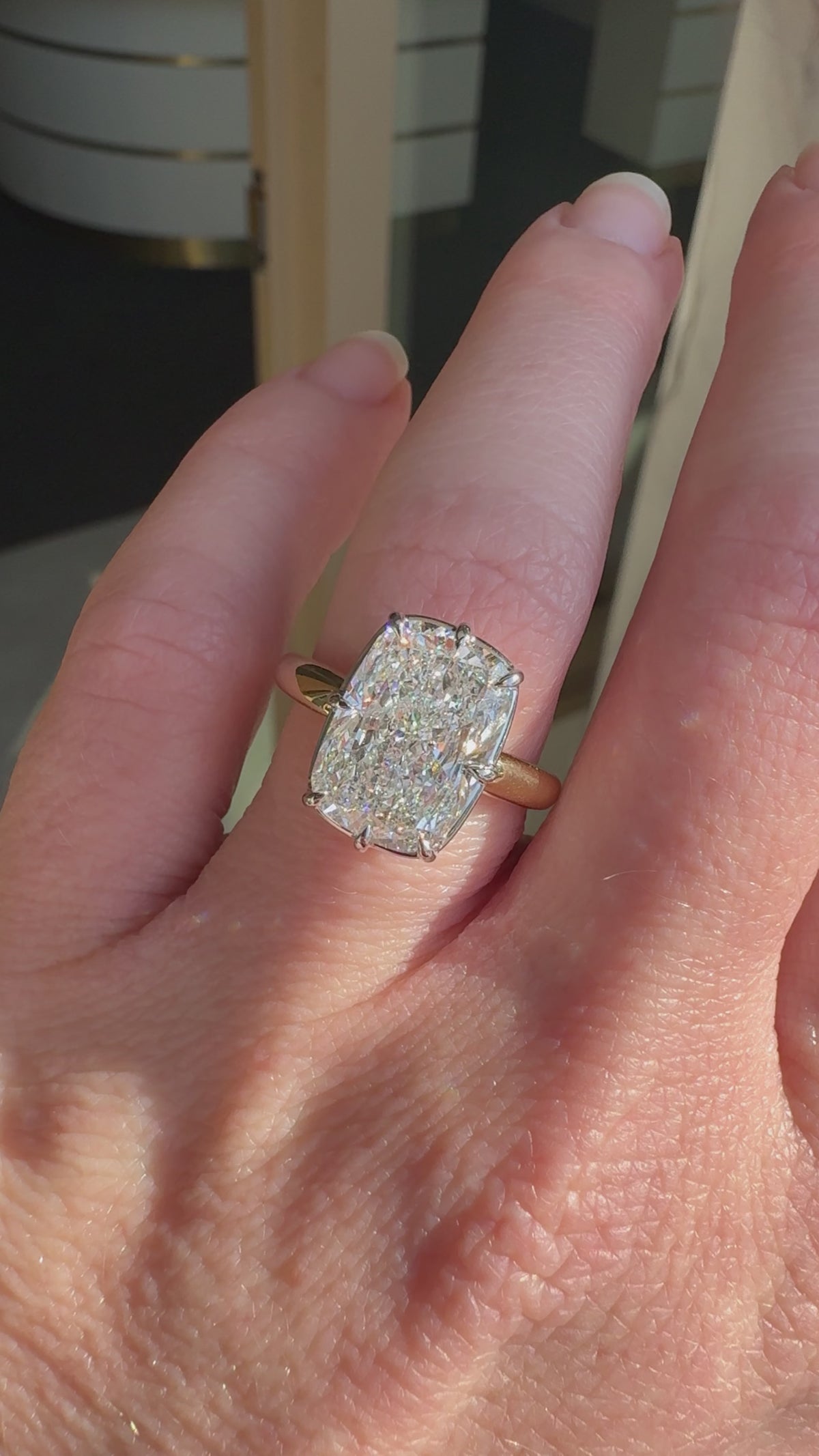 Adaline 6.18ct old mine cut Lab Grown Diamond low set engagement ring in 18k yellow gold and platinum, video