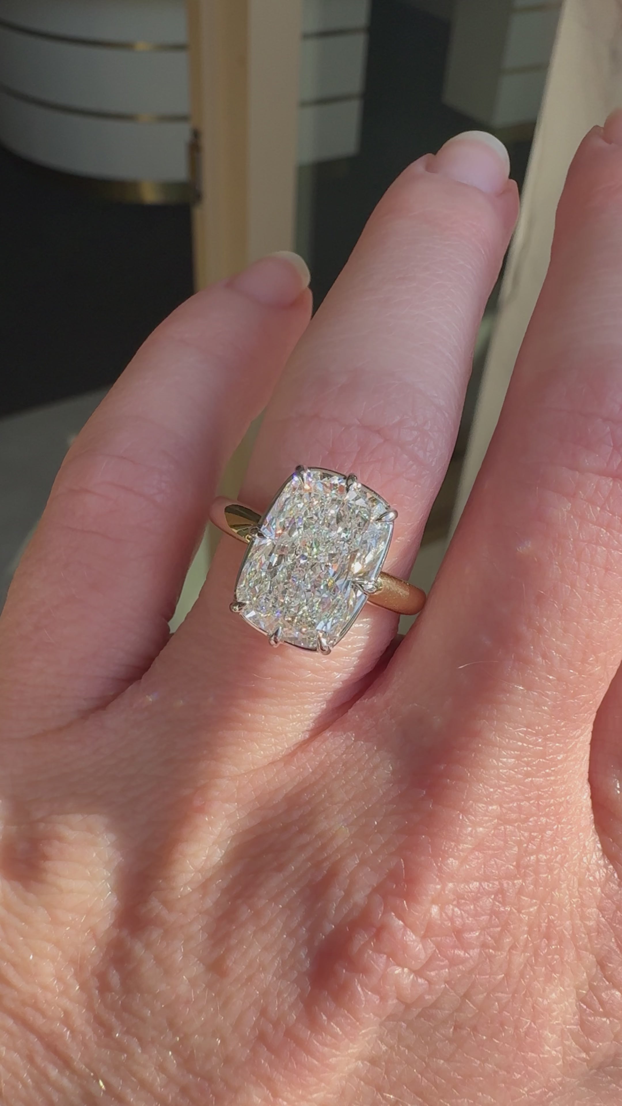 Adaline 6.18ct old mine cut Lab Grown Diamond low set engagement ring in 18k yellow gold and platinum, video