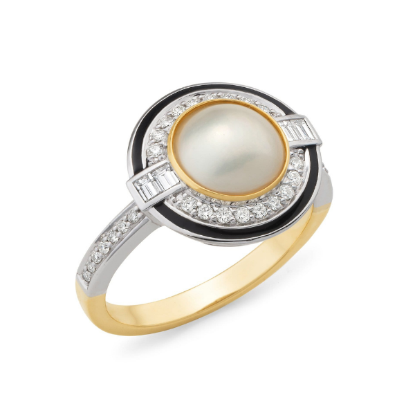 Mabe Pearl, Diamond and Blue Enamel Dress Ring
