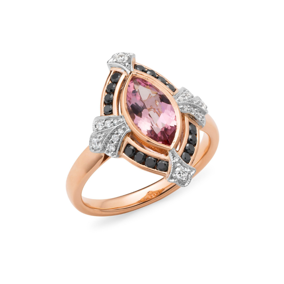 Marquise Pink Tourmaline and Black Diamond Ring