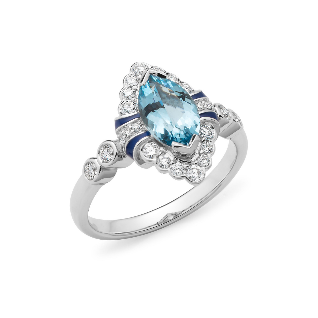 Aquamarine and Blue Enamel Diamond Ring