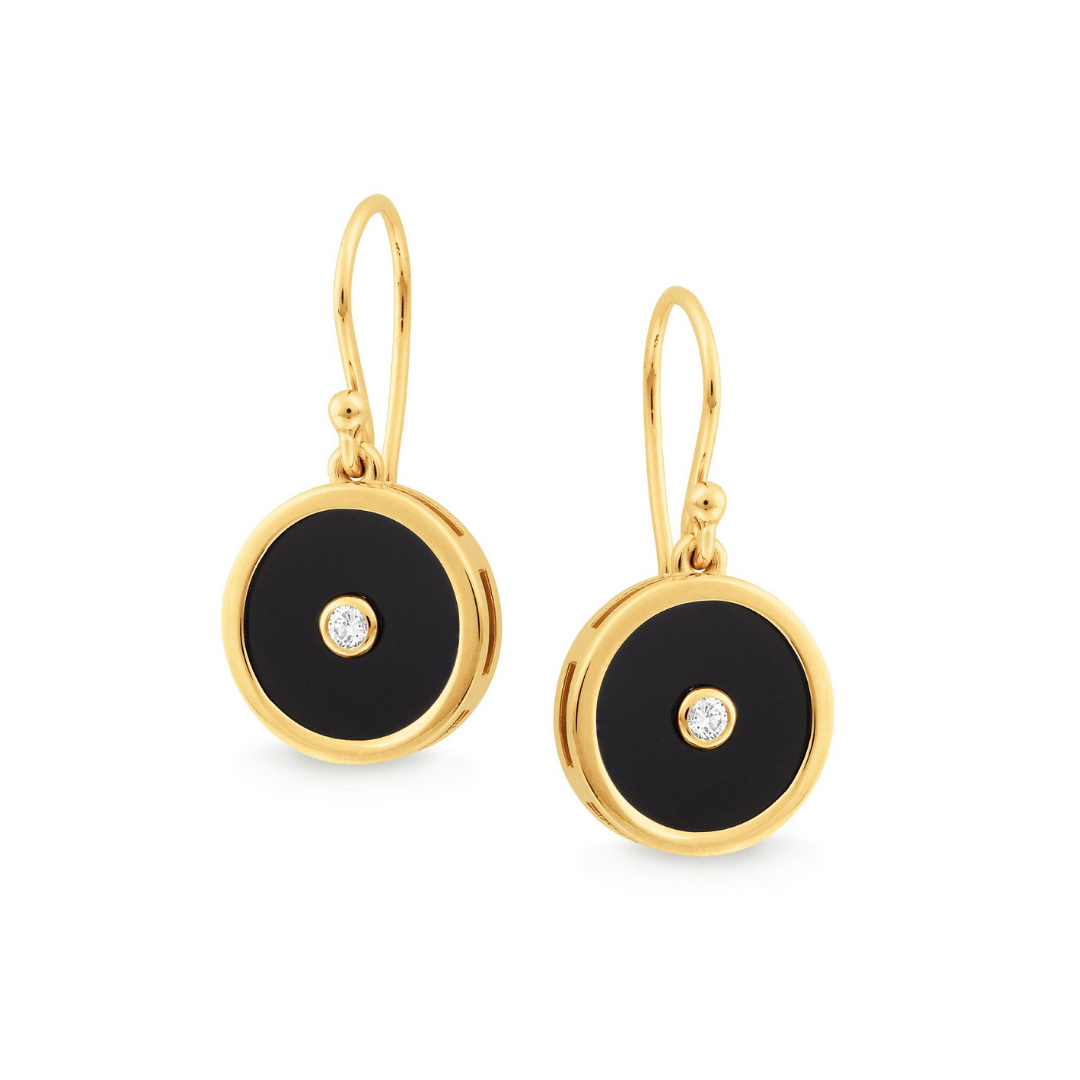 Round Black Onyx & Diamond Hook Earrings
